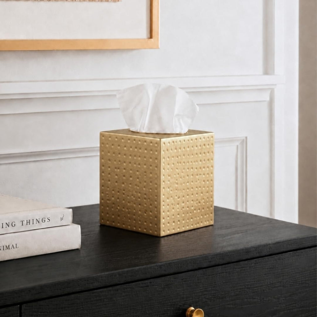 Monarch Abode Tissue Box Cover Square – Hand Hammered Brushed Gold Metal Tissue Holder Box for Bathroom Accessory, Aesthetic Decorative Facial Napkin Cube for Modern Home Decor