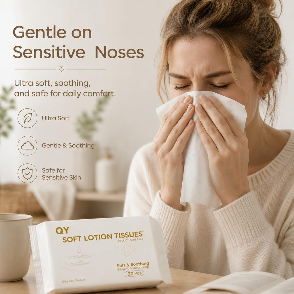 QingYa Facial Tissues with Lotion, 20-Pack Ultra Soft 6-Ply,Travel Size Multipack Pocket Tissue, Hypoallergenic for Sensitive Skin and Babies, On-The-Go for Car, Purse, Office (20 Count-Pack of 20)