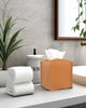 Tissue Box Holder Tissue Cover – Square Faux Leather Tissue Box Cover with Bottom Belt [JESMINI, Camel Brown] Tissues Cube Box Cover for Bathroom/Night Stands/Office