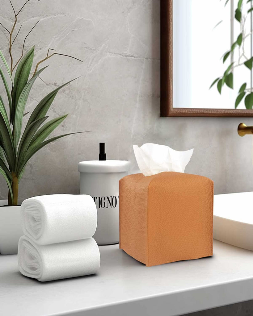 Tissue Box Holder Tissue Cover – Square Faux Leather Tissue Box Cover with Bottom Belt [JESMINI, Camel Brown] Tissues Cube Box Cover for Bathroom/Night Stands/Office