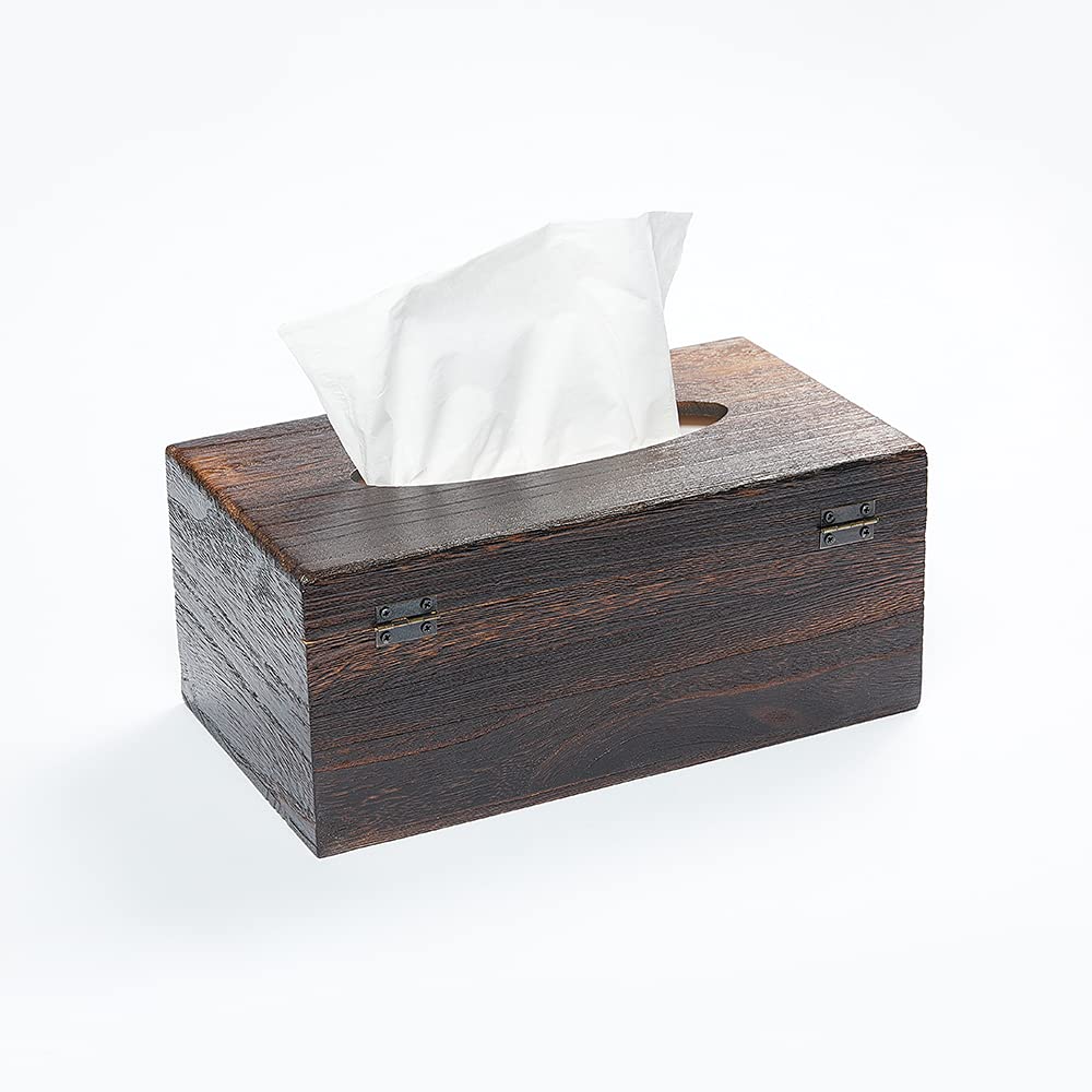 SINOBEST Rectangular Tissue Box Cover Decorative Wood Facial Tissue Holder with Hinged Lid Napkin Dispenser in Antique Style