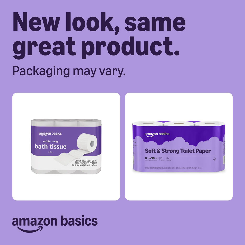 Amazon Basics Soft and Strong 2-Ply Toilet Paper, 18 Ultra Rolls = 72 Regular Rolls, Unscented, 340 Sheet (3 Packs of 6), Packaging May Vary