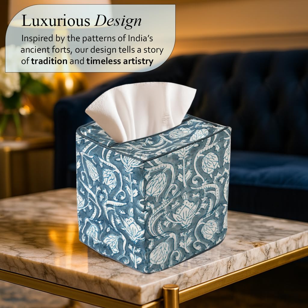 CPC 100% Cotton Piping Block Print Tissue Box Cover, Azure Regal