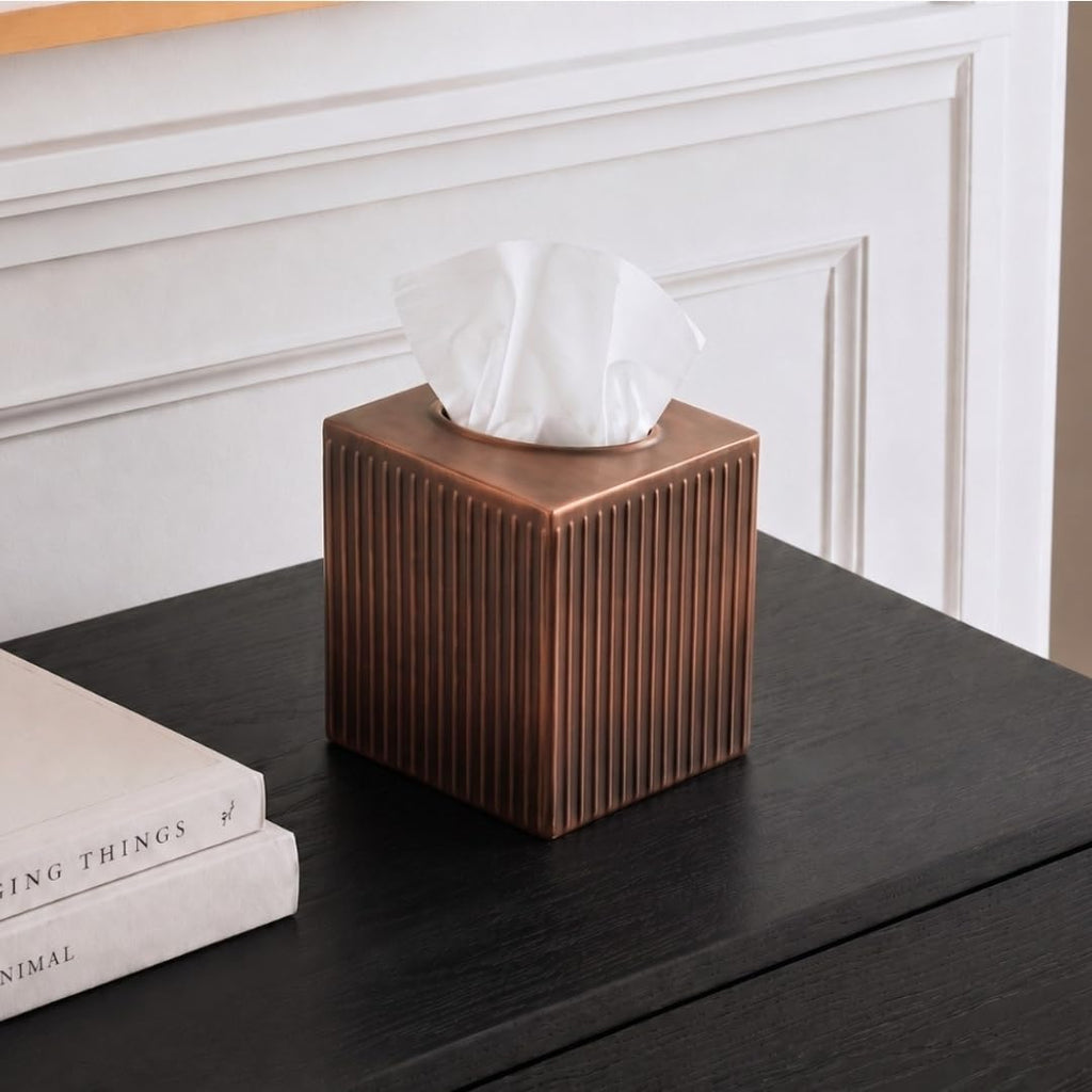 Monarch Abode Tissue Box Cover Square – Handcrafted Ridge Embossed Antique Copper Metal Tissue Holder Box for Bathroom Accessory, Aesthetic Decorative Facial Napkin Cube for Modern Home Decor
