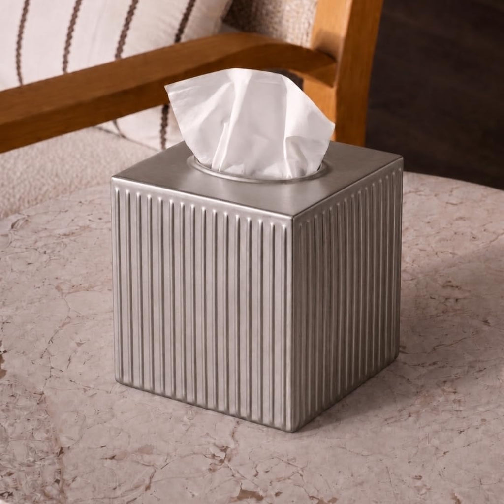 Monarch Abode Tissue Box Cover Square – Handcrafted Ridge Embossed Pewter Metal Tissue Holder Box for Bathroom Accessory, Aesthetic Decorative Facial Napkin Cube for Modern Home Decor