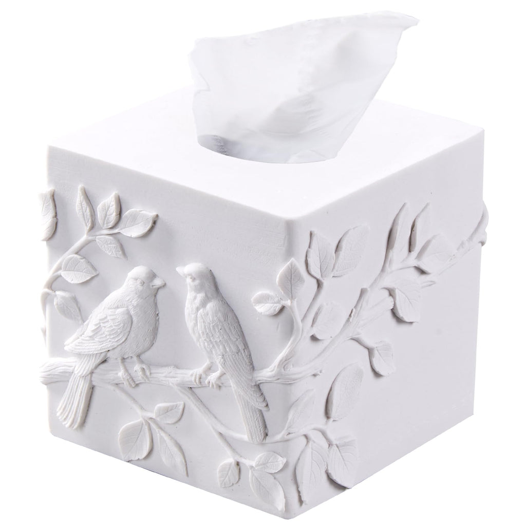 White Square Tissue Box Cover with Marble Relief Birds Branch Decorative