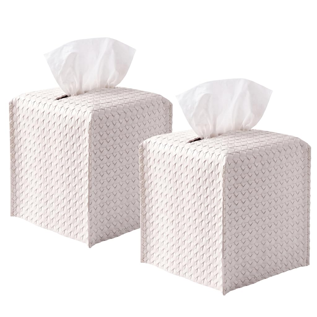 Ricomboo 2 Pack Tissue Box Cover Square, 5“x5 x5 PU Leather Tissue Boxes Holder, Decor Cube Paper Organizer with Bottom Belt for Bathroom, Home, Night Stands, Office, Car (Woven)