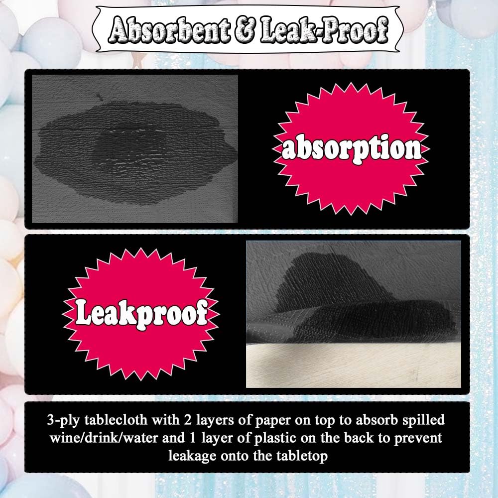 Dozobeede [6 Pack] Black Paper Tablecloth Disposable for Rectangle Tables, 54 X 108 Inch Party Table Cover with Plastic Backing, Waterproof 3 Ply Table Cloth for Halloween Labor Day Banquet