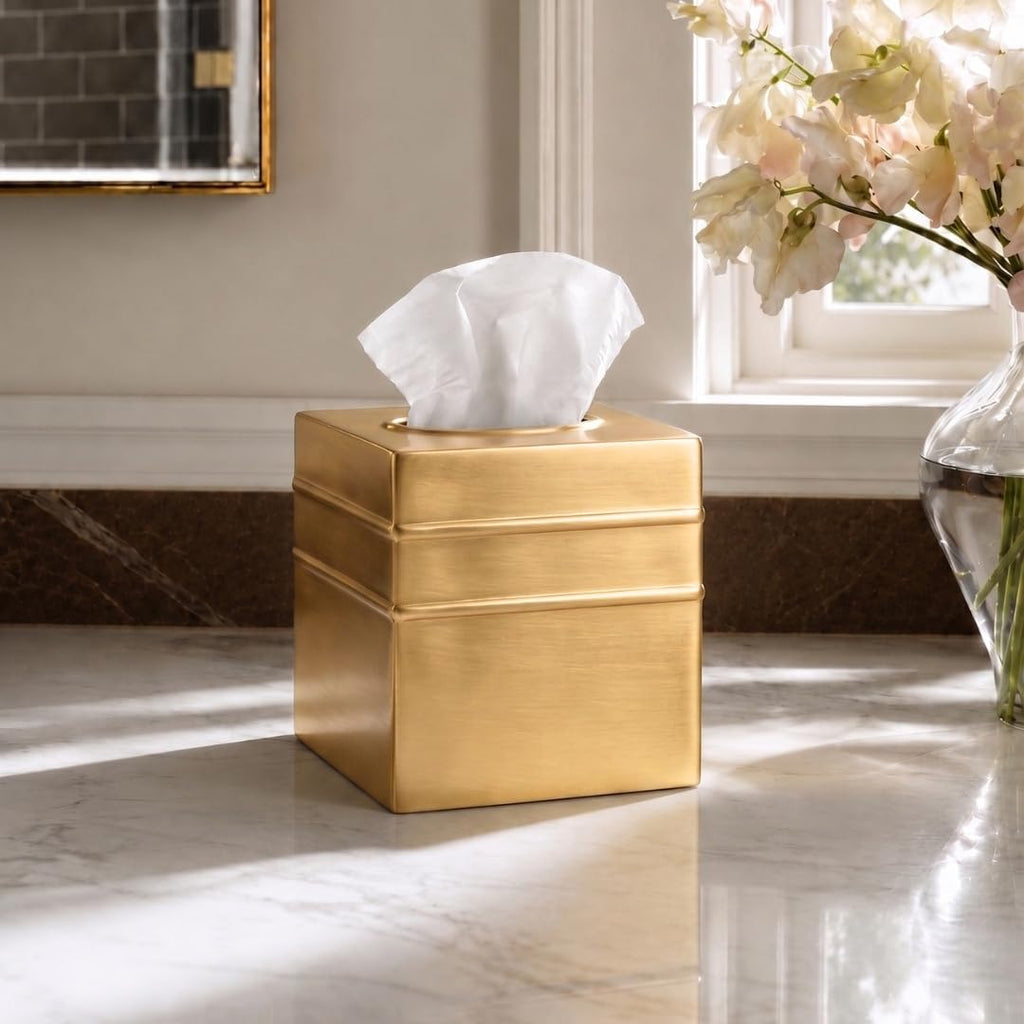 Monarch Abode Tissue Box Cover Square – Handcrafted Border Embossed Brushed Gold Metal Tissue Holder Box for Bathroom Accessory, Aesthetic Decorative Facial Napkin Cube for Modern Home Decor