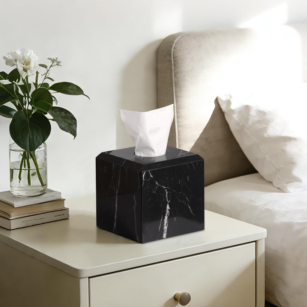 Natural Marble Square Tissue Box Cover ,Stone Modern Decorative Sturdy Napkin Box Holder Case,Facial Paper Organizer for Bathroom Vanity Toilet Countertop,Kitchen (1, Black Marquina, 5.71*5.71*5.51)
