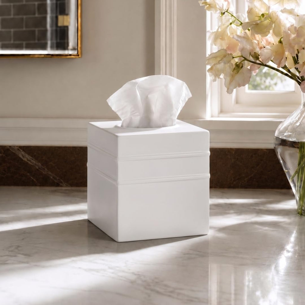 Monarch Abode Tissue Box Cover Square – Handcrafted Border Embossed White Metal Tissue Holder Box for Bathroom Accessory, Aesthetic Decorative Facial Napkin Cube for Modern Home Decor