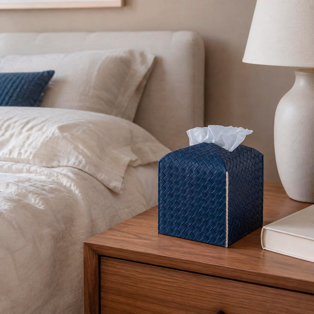 Tissue Box Cover Square Leather Facial Paper Holder, Navy Blue