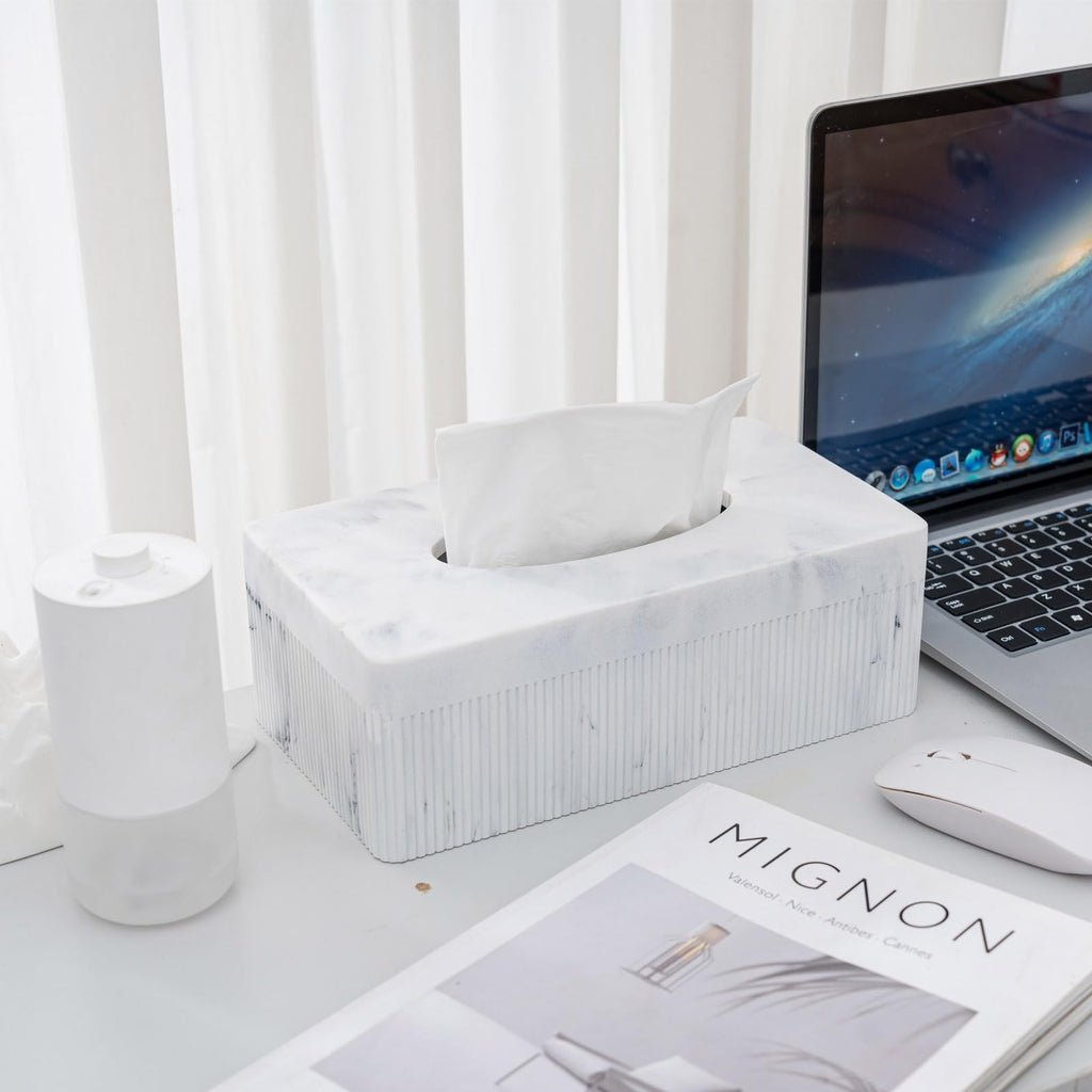 Marble Tissue Box Cover, Rectangular Napkin Facial Tissues Holder for Home Office, Hand Poured Marble Tissue Box Holder, 10 x 5.7 x 3.7 inches, White