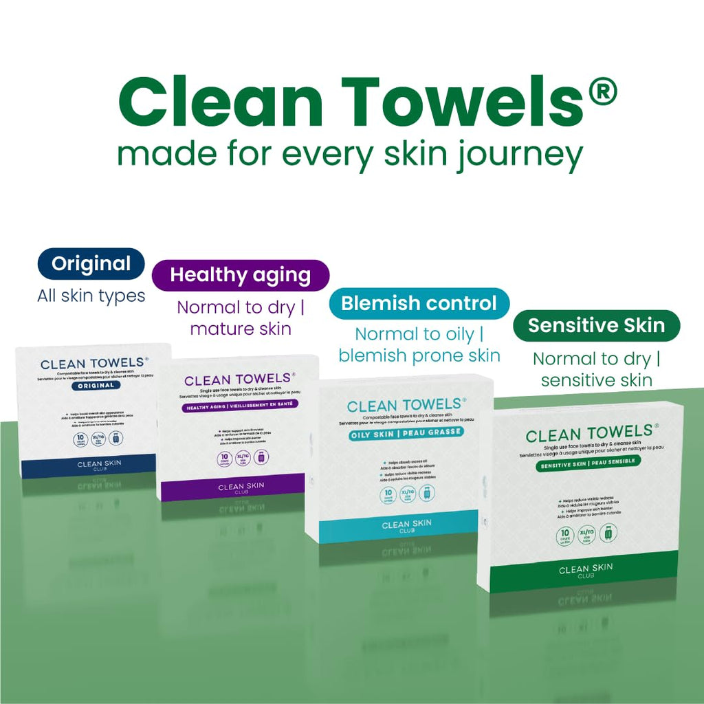 Clean Skin Club Clean Towels XL® Original 50 Ct + Sensitive Skin 10ct Travel Pack Duo, 100% USDA Biobased Disposable Face Towels, Makeup Remover Dry Wipes, Ultra Soft, with Aloe & Glycerin
