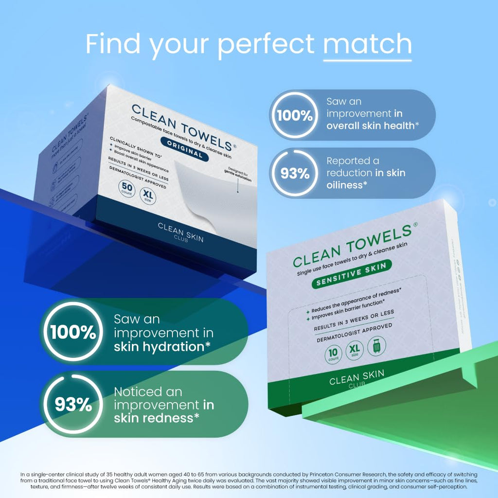 Clean Skin Club Clean Towels XL® Original 50 Ct + Sensitive Skin 10ct Travel Pack Duo, 100% USDA Biobased Disposable Face Towels, Makeup Remover Dry Wipes, Ultra Soft, with Aloe & Glycerin