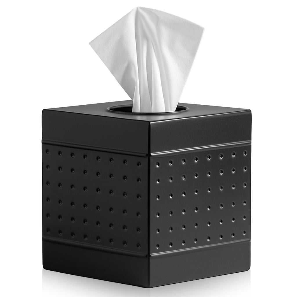 LUXMODE Handmade Matte Black Metal Tissue Box Cover – Square – 5x5x5.25 Inch – Open Bottom - Modern Black Tissue Holder for Bathroom, Living Room, Bedroom & Office Décor