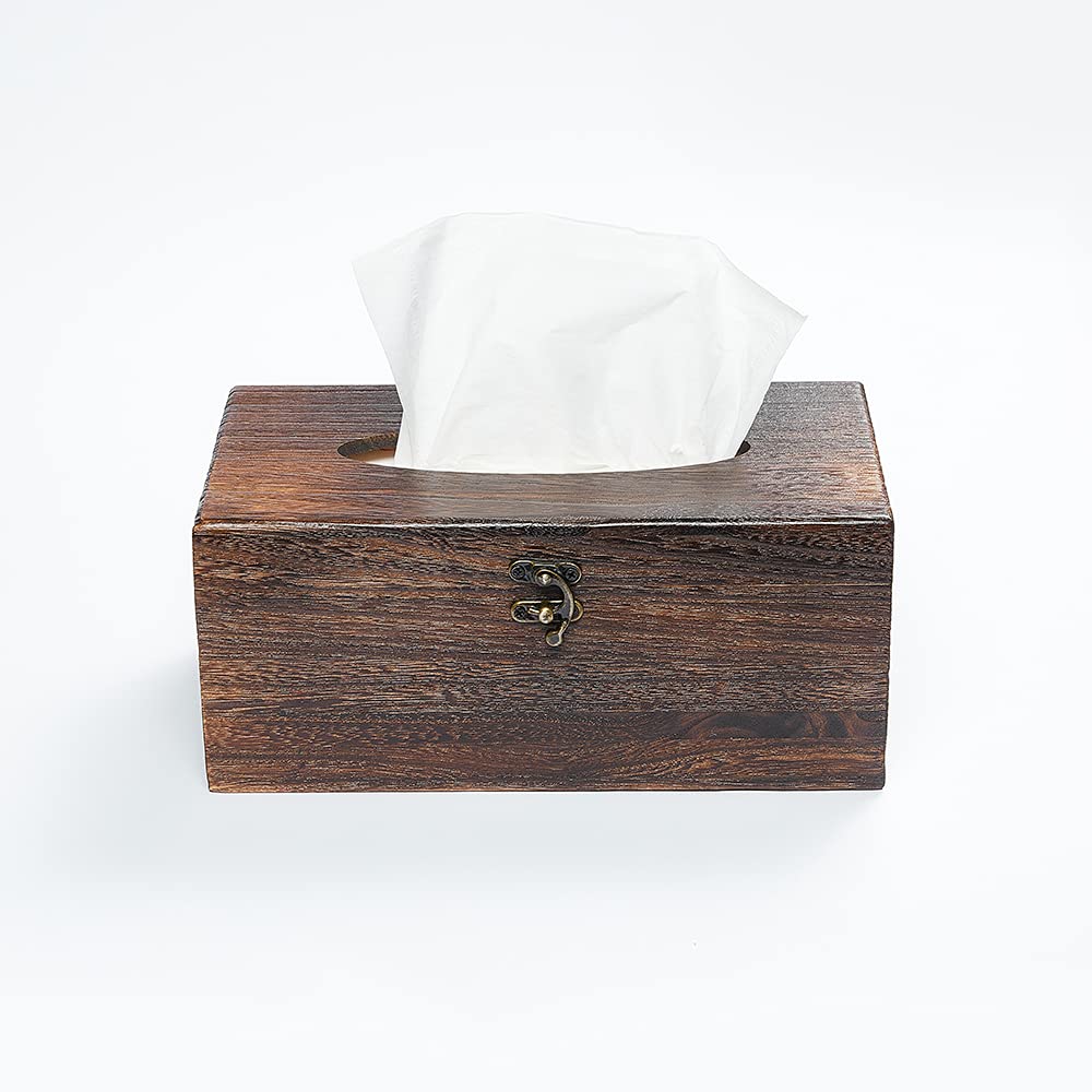 SINOBEST Rectangular Tissue Box Cover Decorative Wood Facial Tissue Holder with Hinged Lid Napkin Dispenser in Antique Style