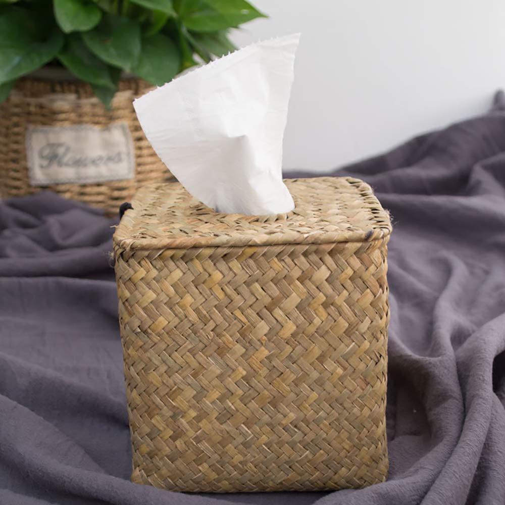 Yesland 2 Pack Square Seagrass Facial Tissue Box - Decorative Woven Paper Holder Napkin Dispense - 5 x 5 x 5 Inches Rattan Tissue Box Cover