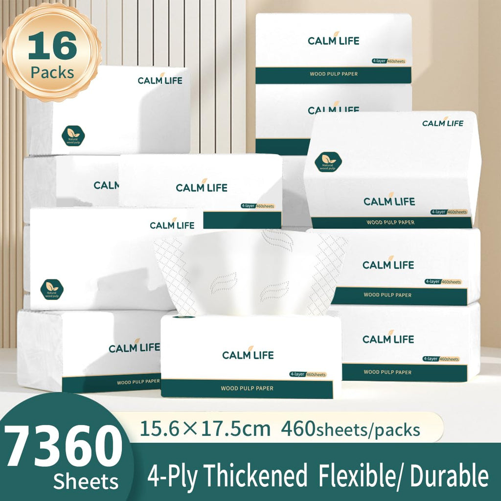 Soft Facial Tissues 7360 Sheets [Not in Box] 4-Ply Ultra Strong & Thick Tissues, 1840 Draws Unscented Paper Tissues for Sensitive Skin, Compact Size for Travel, Office and Car 16 Pack Box Free Design