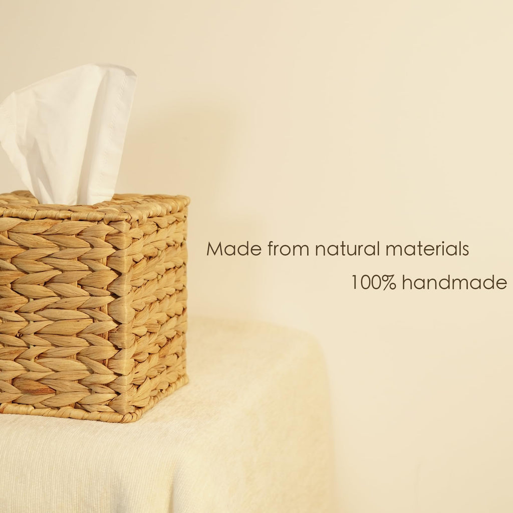 PINXIURY Water Hyacinth Handwoven Tissue Box Cover, Natural Handmade Wicker Napkin Box Holder, Handcrafted Square Facial Tissue, Rustic Decorative on Table and Bathroom, Office, Boho Decorative
