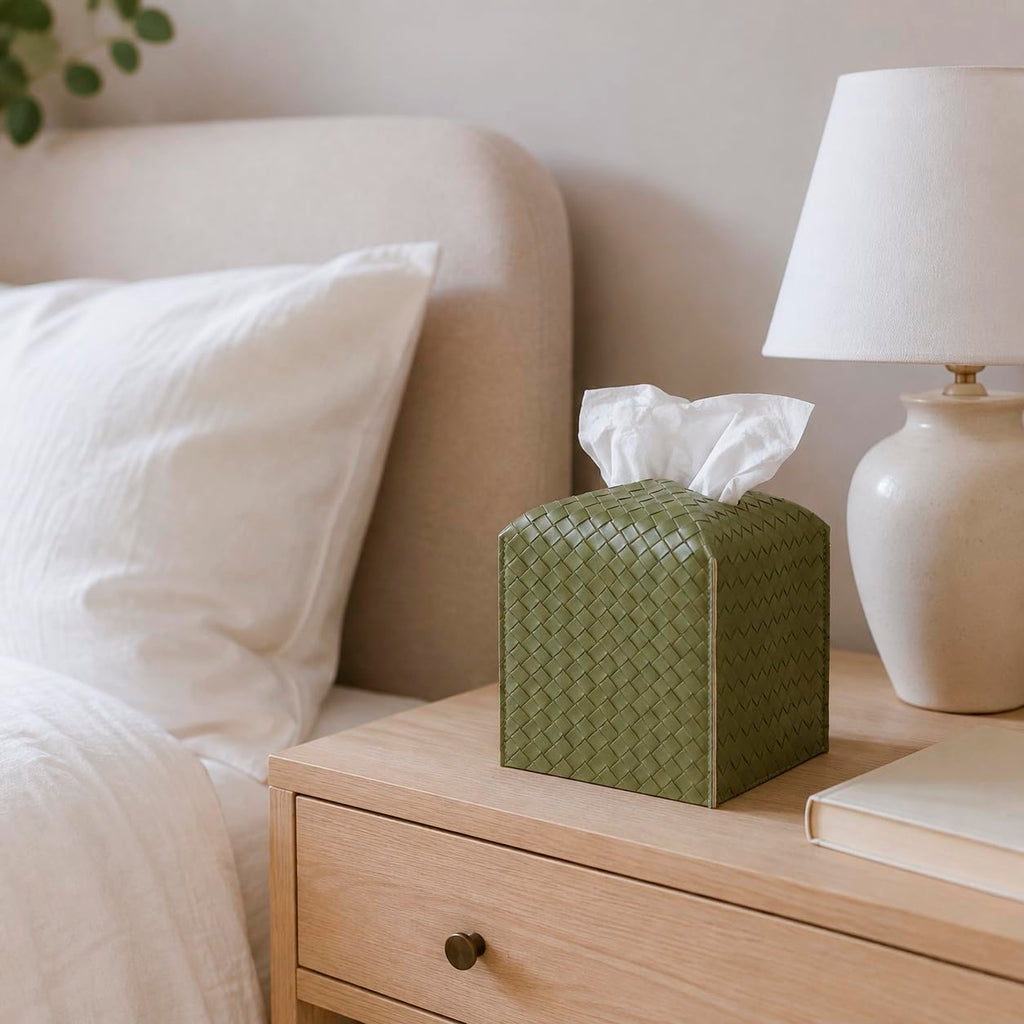 Tissue Box Cover Square Leather Facial Paper Holder, Olive Green