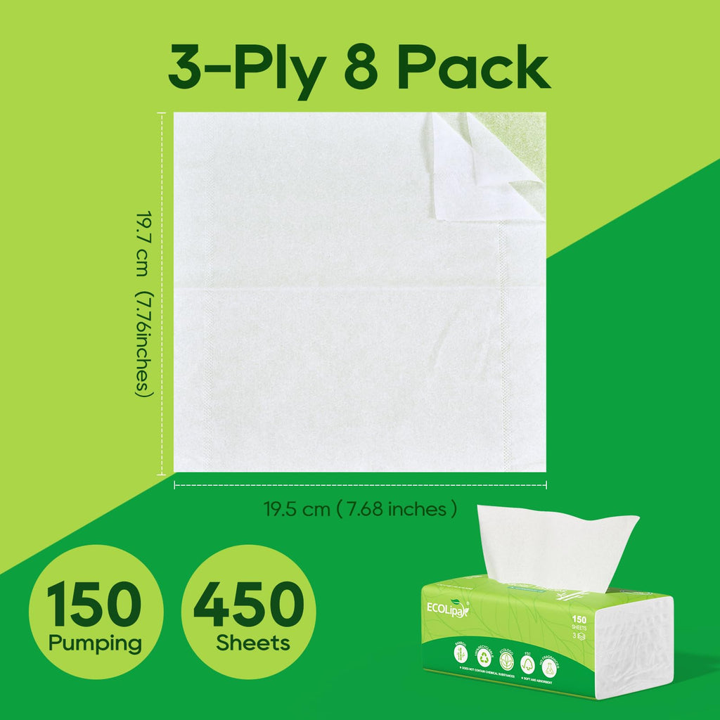 ECOLipak Bamboo Facial Tissues, 8 Packs, 1200 Sheets Total, 3-Ply