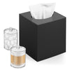 Square Tissue Box Cover with 2 Pcs Clear Qtip Holder Dispenser, Black