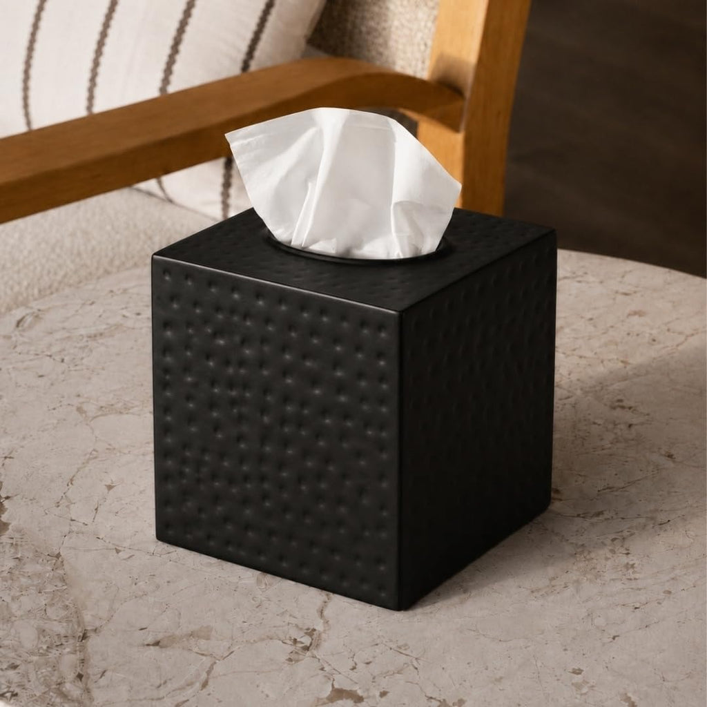 Monarch Abode Tissue Box Cover Square – Hand Hammered Black Metal Tissue Holder Box for Bathroom Accessory, Aesthetic Decorative Facial Napkin Cube for Modern Home Decor