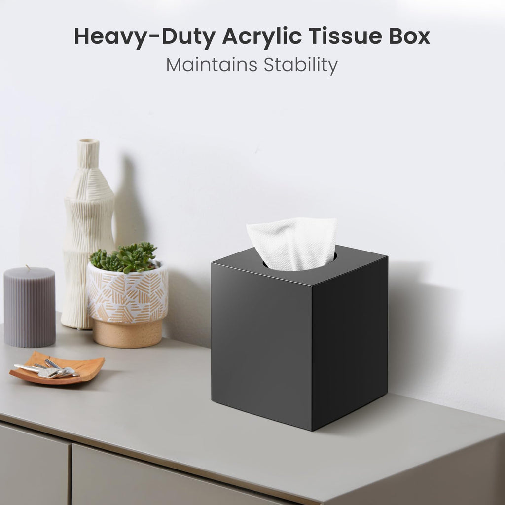 Square Tissue Box Cover with 2 Pcs Clear Qtip Holder Dispenser, Black