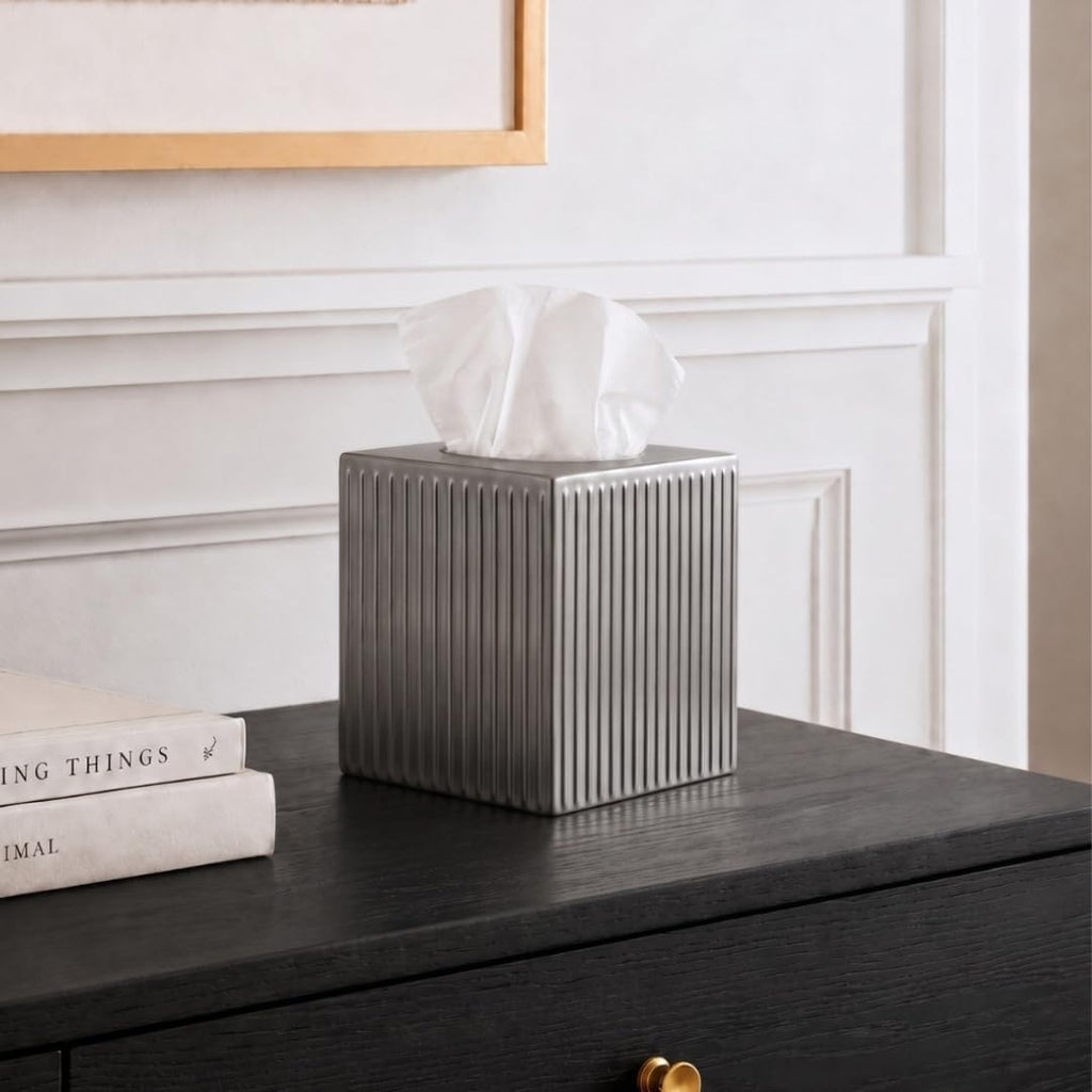 Monarch Abode Tissue Box Cover Square – Handcrafted Ridge Embossed Pewter Metal Tissue Holder Box for Bathroom Accessory, Aesthetic Decorative Facial Napkin Cube for Modern Home Decor