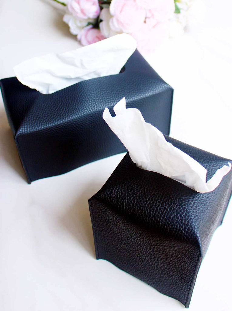 Leather Tissue Box Cover Square – Tissue Holder with Bottom Belt [JESMINI, Black] Aesthetic PU Leather Tissue Box Holder Decorative for Bathroom, Home Office Decor