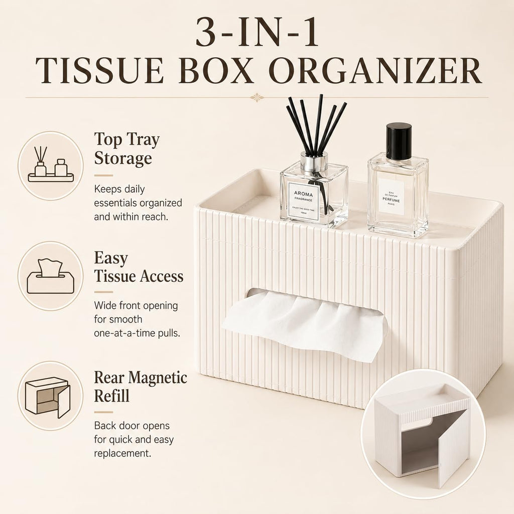 KINGFOM Ribbed PU Leather Tissue Box Cover with Storage Tray, Rectangular Facial Tissue Holder for Bathroom Vanity, Nightstand & Office Desk, Modern Decorative Tissue Dispenser (Ivory White)