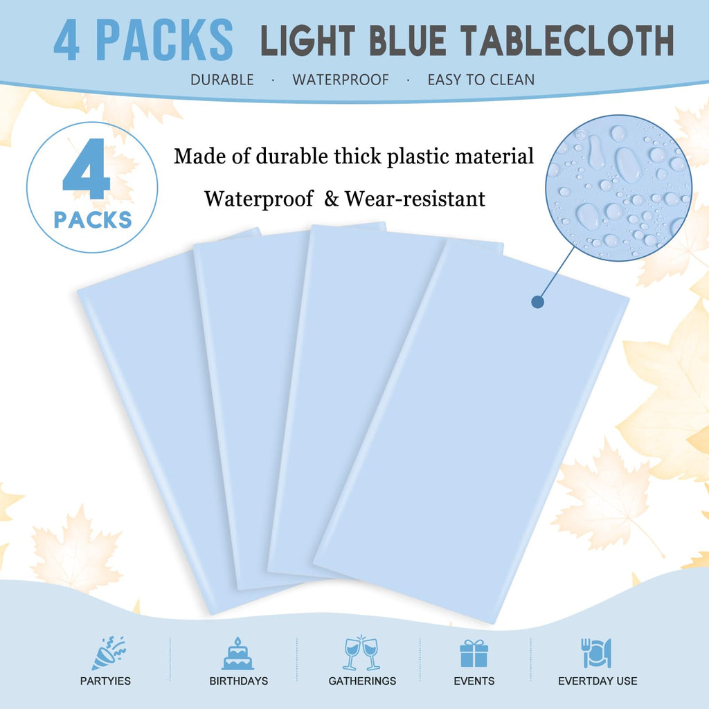 RuiYok 4 Pcs Light Blue Tablecloth 54 X 108 Inch Disposable Plastic Blue Tablecloths Waterproof Table Cloth Rectangular Table Cover for Boy Birthday Baby Shower Outdoor Picnic Party Decorations