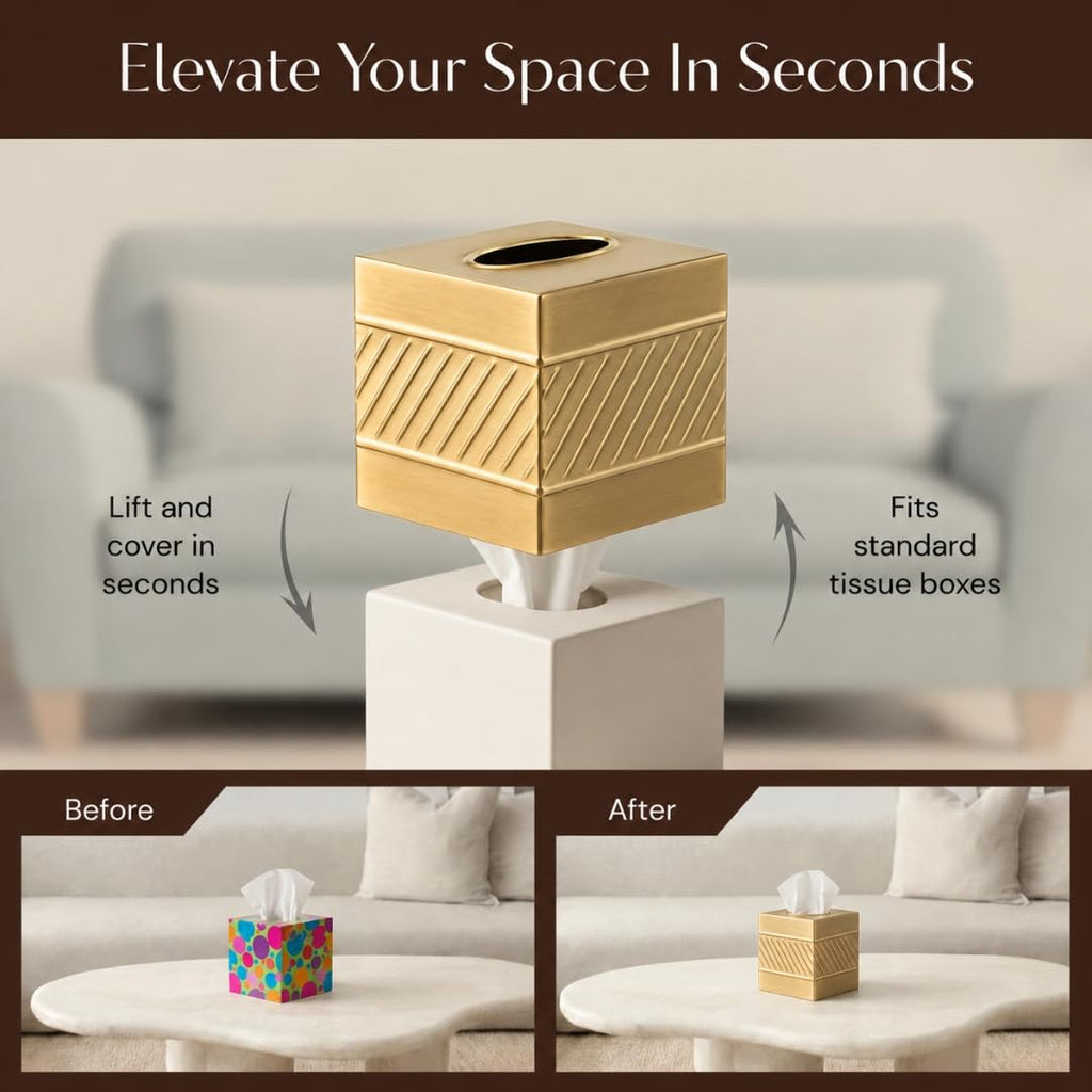 Monarch Abode Tissue Box Cover Square – Handcrafted Wave Embossed Brushed Gold Metal Tissue Holder Box for Bathroom Accessory, Aesthetic Decorative Facial Napkin Cube for Modern Home Decor