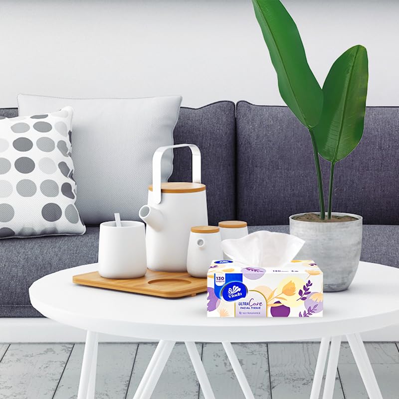 Vinda 3-Ply Ultra Care Facial Tissues – 130 Soft & Strong Sheets per Box, 8 Flat Boxes – Hypoallergenic, Gentle for Sensitive Skin, Ideal for Home, Office, and Everyday Use