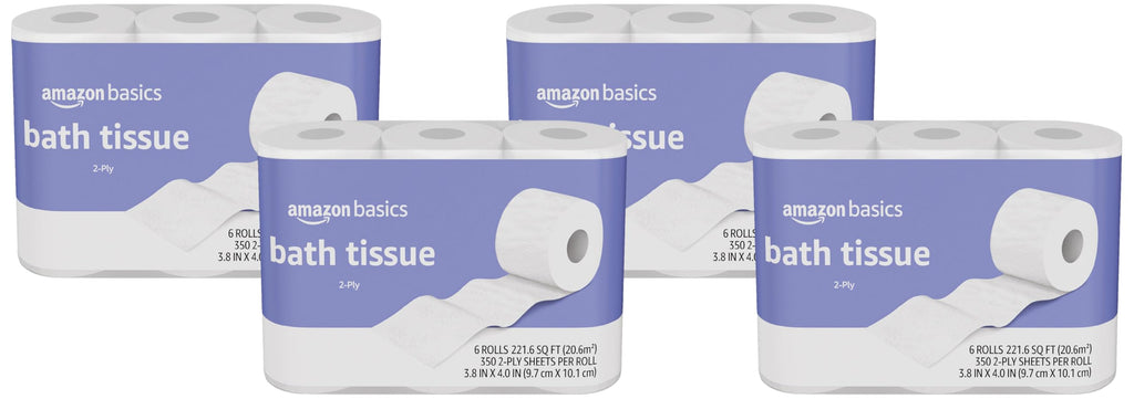 Amazon Basics 2-Ply Toilet Paper, 24 Rolls = 96 Regular Rolls, 350 Sheets Per Roll, Unscented, 4 Packs of 6