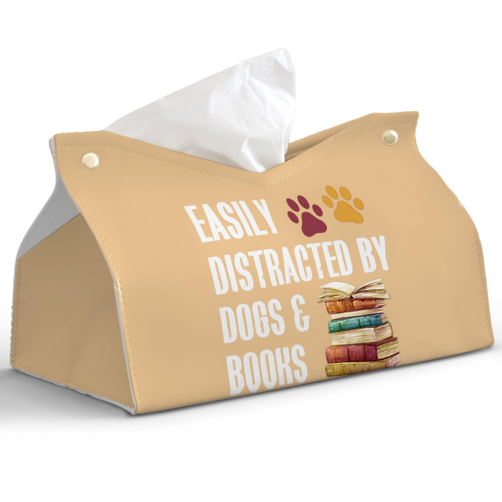 PaJiaNi Yellow Dog Tissue Box Cover Rectangle,Leather Toilet Paper Box,Funny Decorative Facial Paper Case for Living Room Bathroom Kitchen Office Desk,Easily Distracted By Dogs and Books,9.8x5.9x5.9