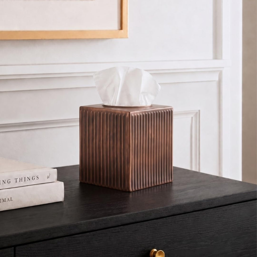 Monarch Abode Tissue Box Cover Square – Handcrafted Ridge Embossed Antique Copper Metal Tissue Holder Box for Bathroom Accessory, Aesthetic Decorative Facial Napkin Cube for Modern Home Decor