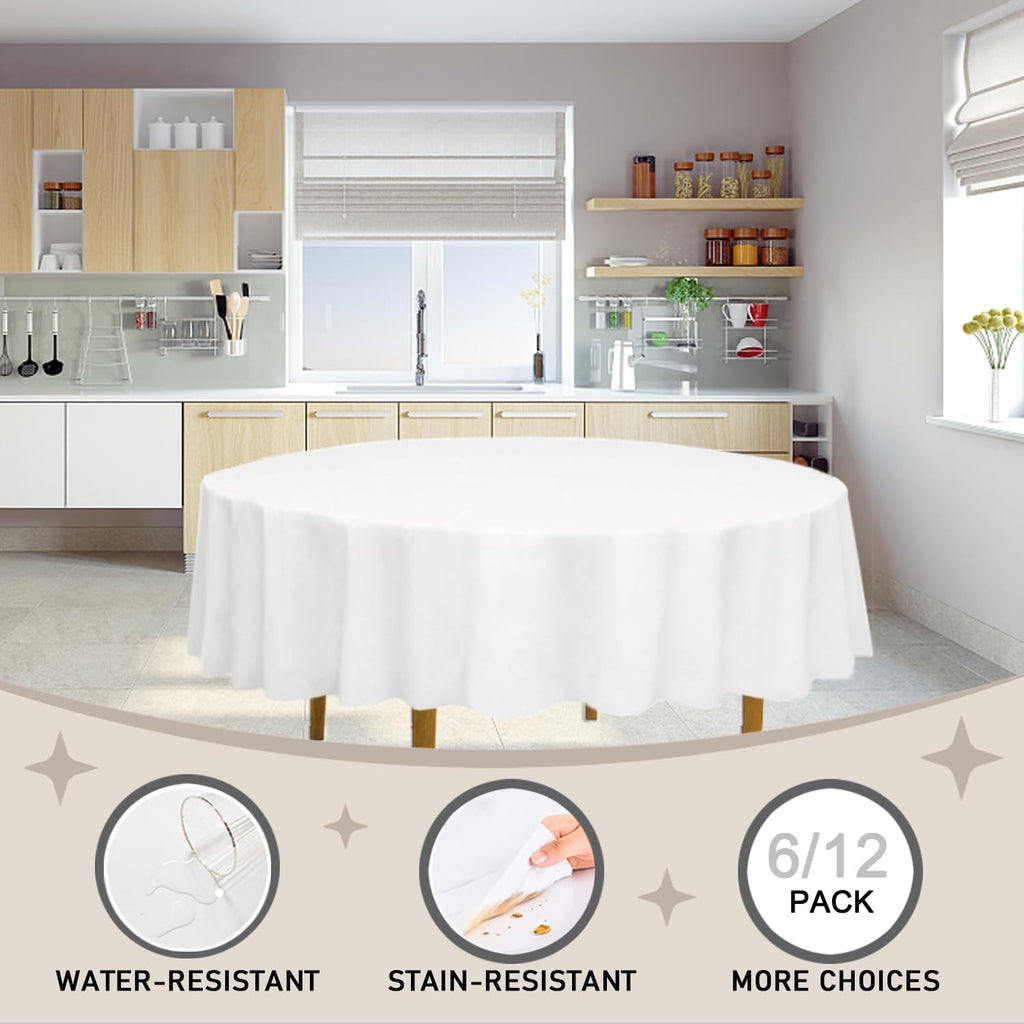 D&Z 12 Pack White Disposable Plastic Tablecloth, 84" Round Table Cover