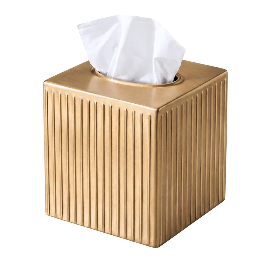 Monarch Abode Tissue Box Cover Square – Handcrafted Ridge Embossed Brushed Gold Metal Tissue Holder Box for Bathroom Accessory, Aesthetic Decorative Facial Napkin Cube for Modern Home Decor