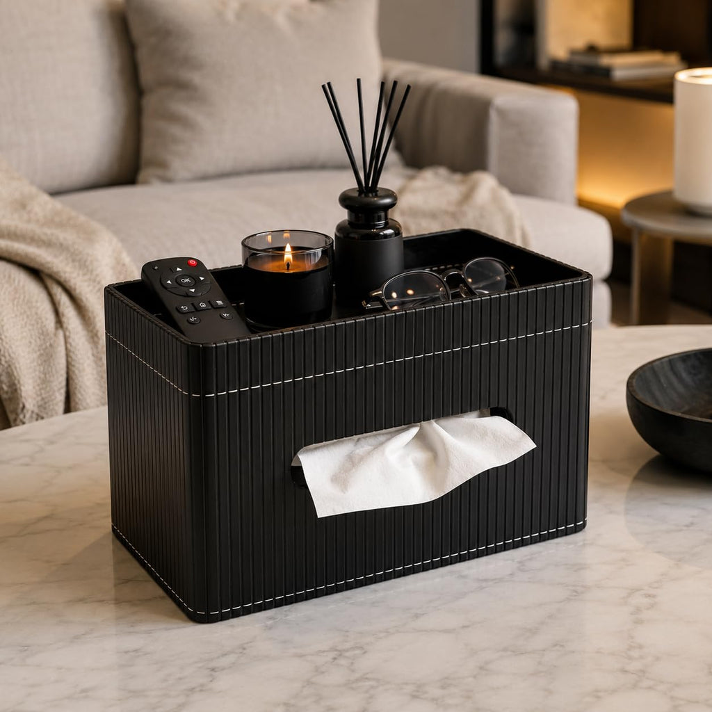 KINGFOM Ribbed PU Leather Tissue Box Cover with Storage Tray, Rectangular Facial Tissue Holder for Bathroom Vanity, Nightstand & Office Desk, Modern Decorative Tissue Dispenser (Matte Black)