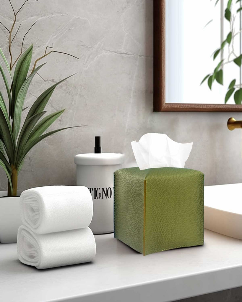 Green Tissue Box Cover Square – with Bottom Belt [JESMINI, ] PU Leather Green Tissue Box Holder Decorative for Bathroom Vanity Countertop/Night Stands/Office Desk, 5x5x5