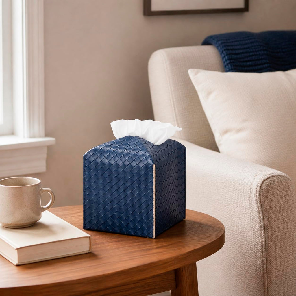 Tissue Box Cover Square Leather Facial Paper Holder, Navy Blue