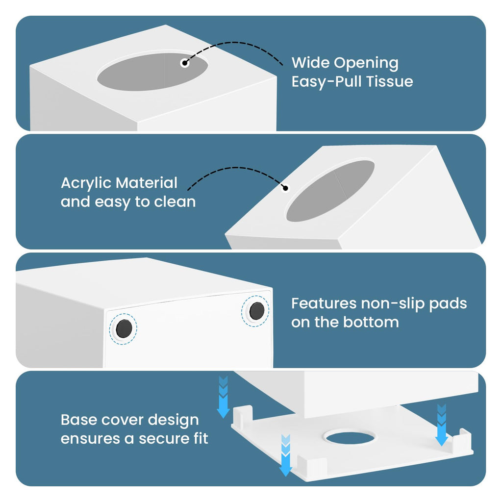 2 Pack Tissue Box Cover, Square Plastic Tissue Holder Non-Slip Base, White
