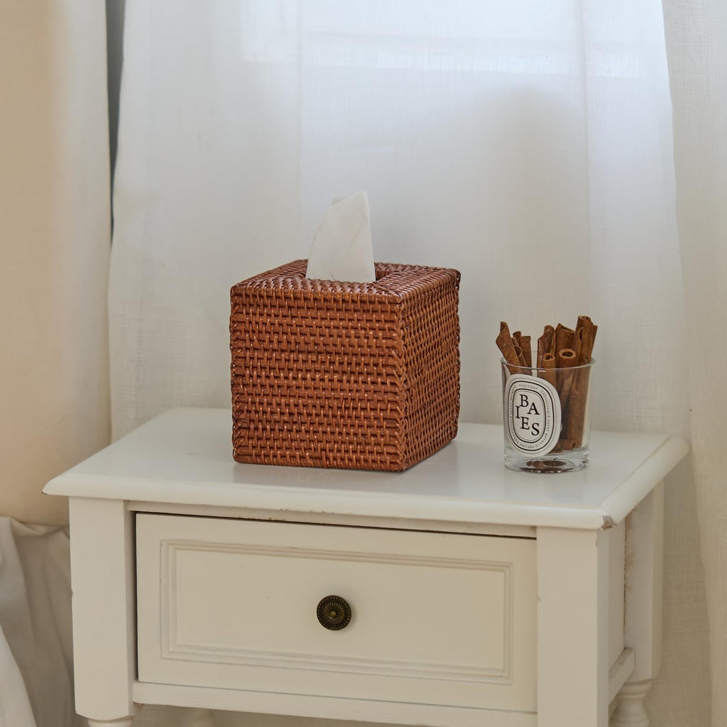 2 Pack Square Rattan Tissue Box Cover, Hand Woven Wicker Tissue Holder, 5.5 x 5.5 X 5.7 inches, Brown