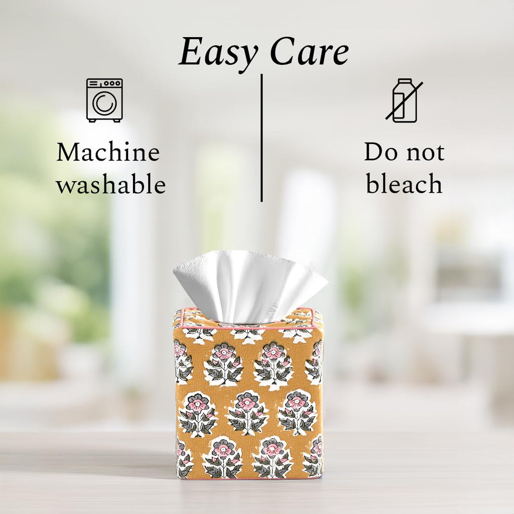 CPC 100% Cotton Piping Block Print Tissue Box Cover, Citrine Yellow