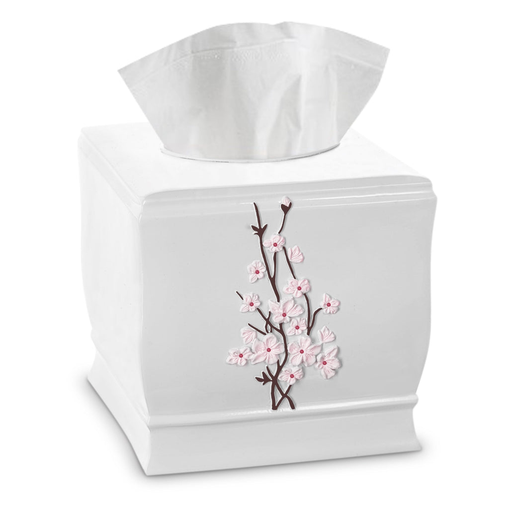 Vanda Cherry Blossom White Square Resin Tissue Box Cover with Bottom Slider