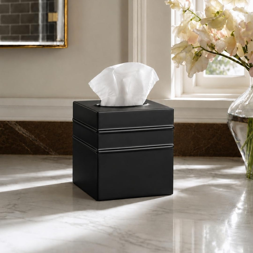 Monarch Abode Tissue Box Cover Square – Handcrafted Border Embossed Black Metal Tissue Holder Box for Bathroom Accessory, Aesthetic Decorative Facial Napkin Cube for Modern Home Decor
