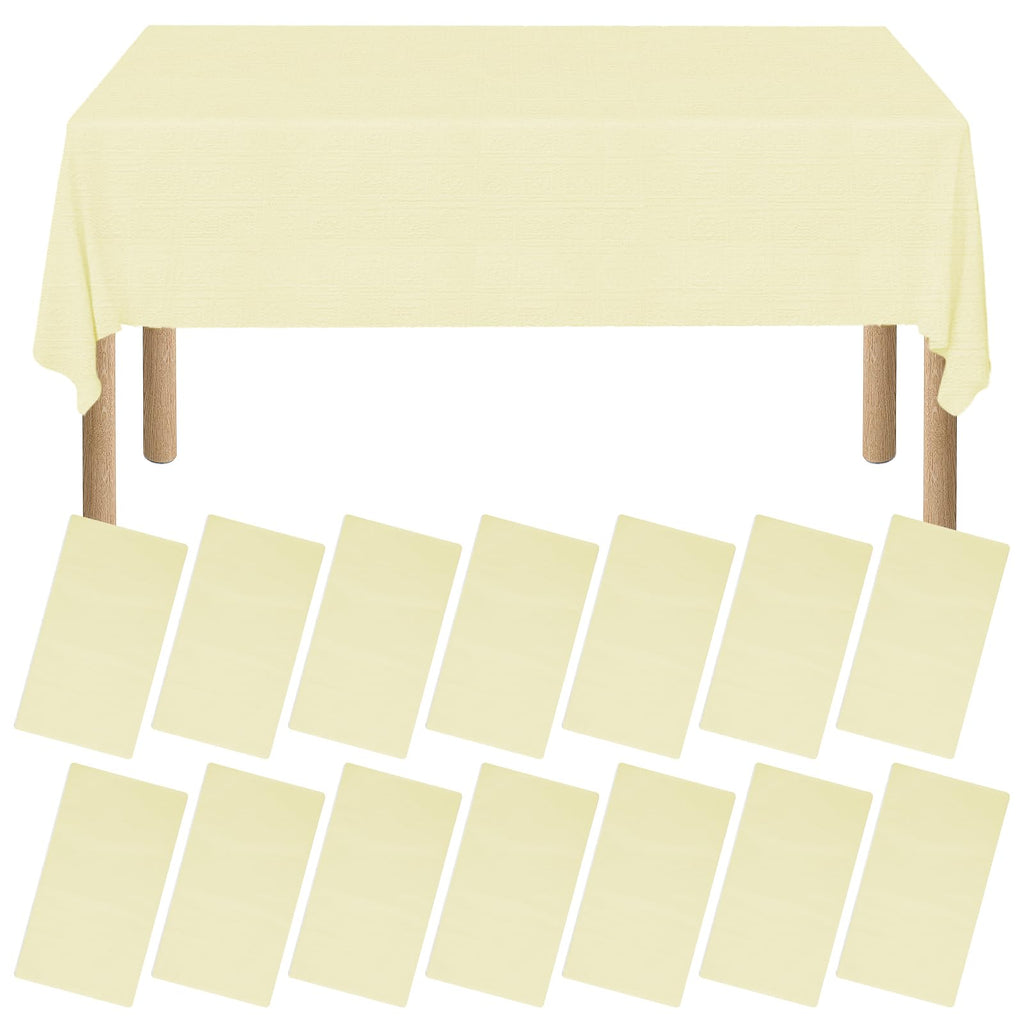 xozeooeu 15 Pack Pale Yellow Paper Tablecloths for Rectangle Tables 55 x 108 Inch, 3 Ply Disposable Table Cloths with Plastic Backing for Wedding, Birthday Party, Banquet