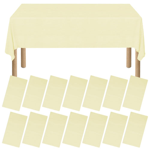 xozeooeu 15 Pack Pale Yellow Paper Tablecloths for Rectangle Tables 55 x 108 Inch, 3 Ply Disposable Table Cloths with Plastic Backing for Wedding, Birthday Party, Banquet